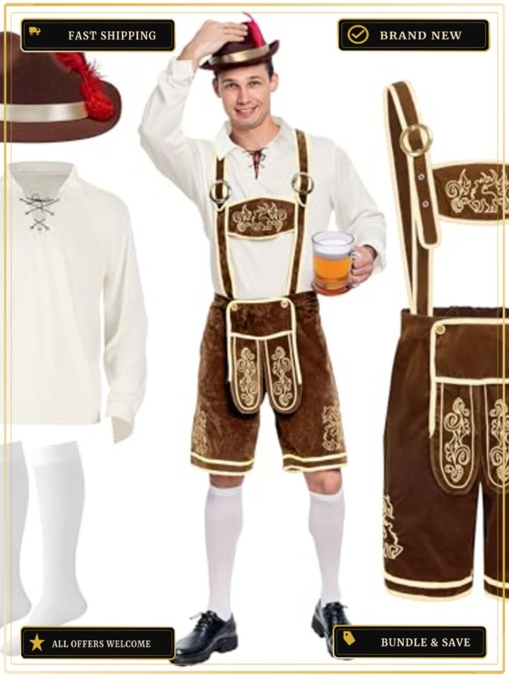 Men's Oktoberfest Lederhosen Costume Set Embroidered Bavarian Outfit